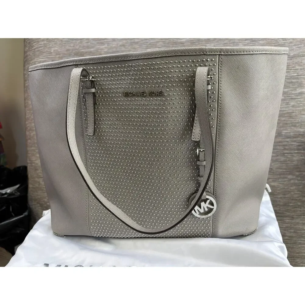 Michael Kors Tote Bag Womens Large Gray Leather Studded Shoulder Purse Wallet
